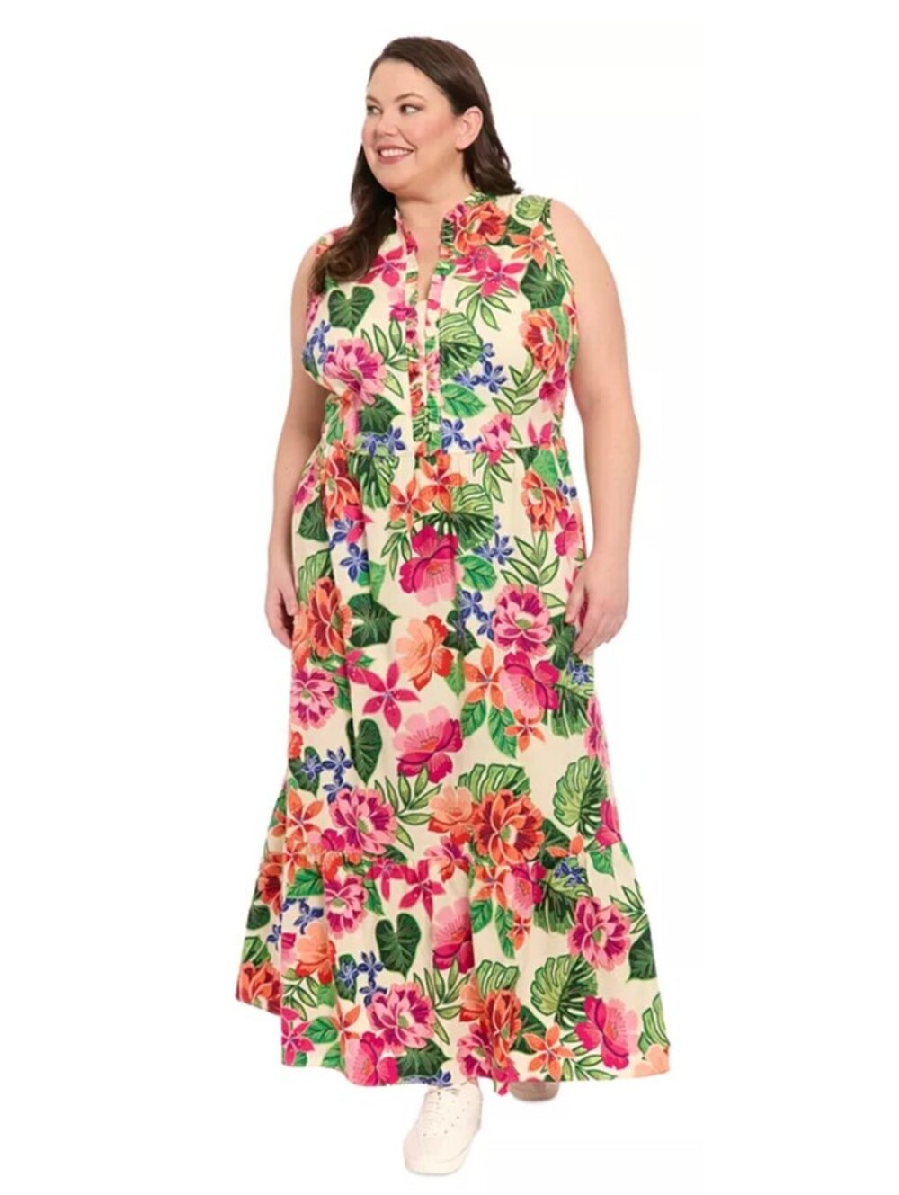 London Times Plus Size Floral Ruffled-Trim Tiered Maxi Dress Women
